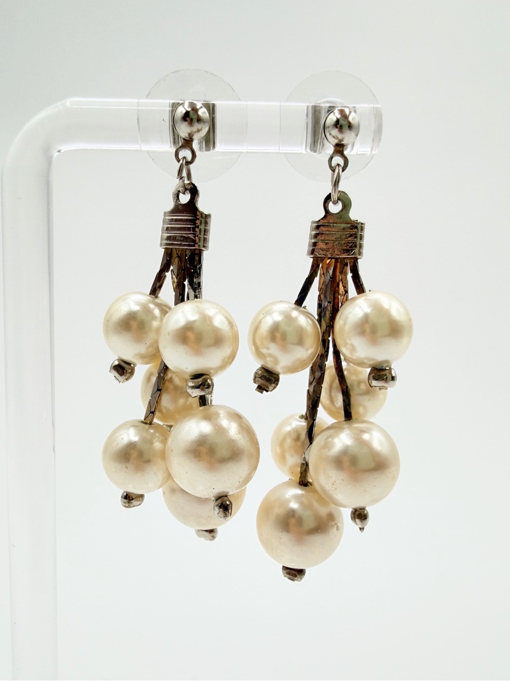 Faux Pearl Cluster Dangle Earrings Silver Tone Statement